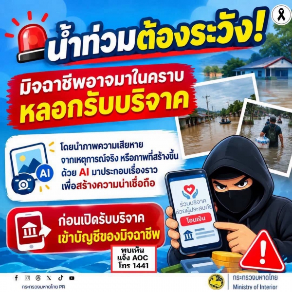น้ำท่วมต้องระวัง! มิจฉาชีพอาจมาใน &ldquo;หลอกรับบริจาค&rdquo;